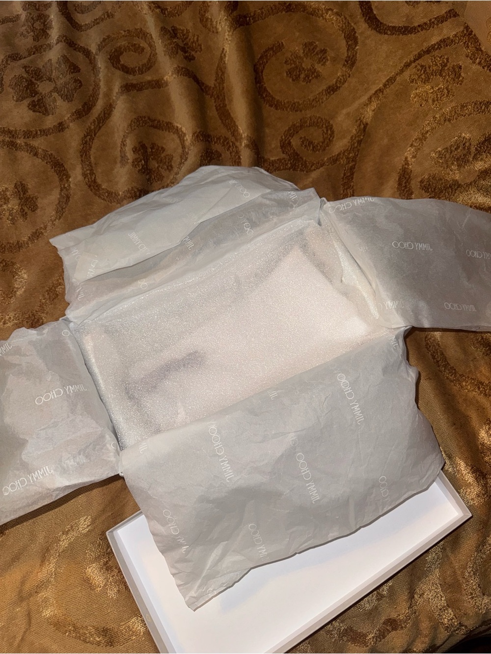 Jimmy Choo Beige Box and Ivory Dust Bag with Gold Logo